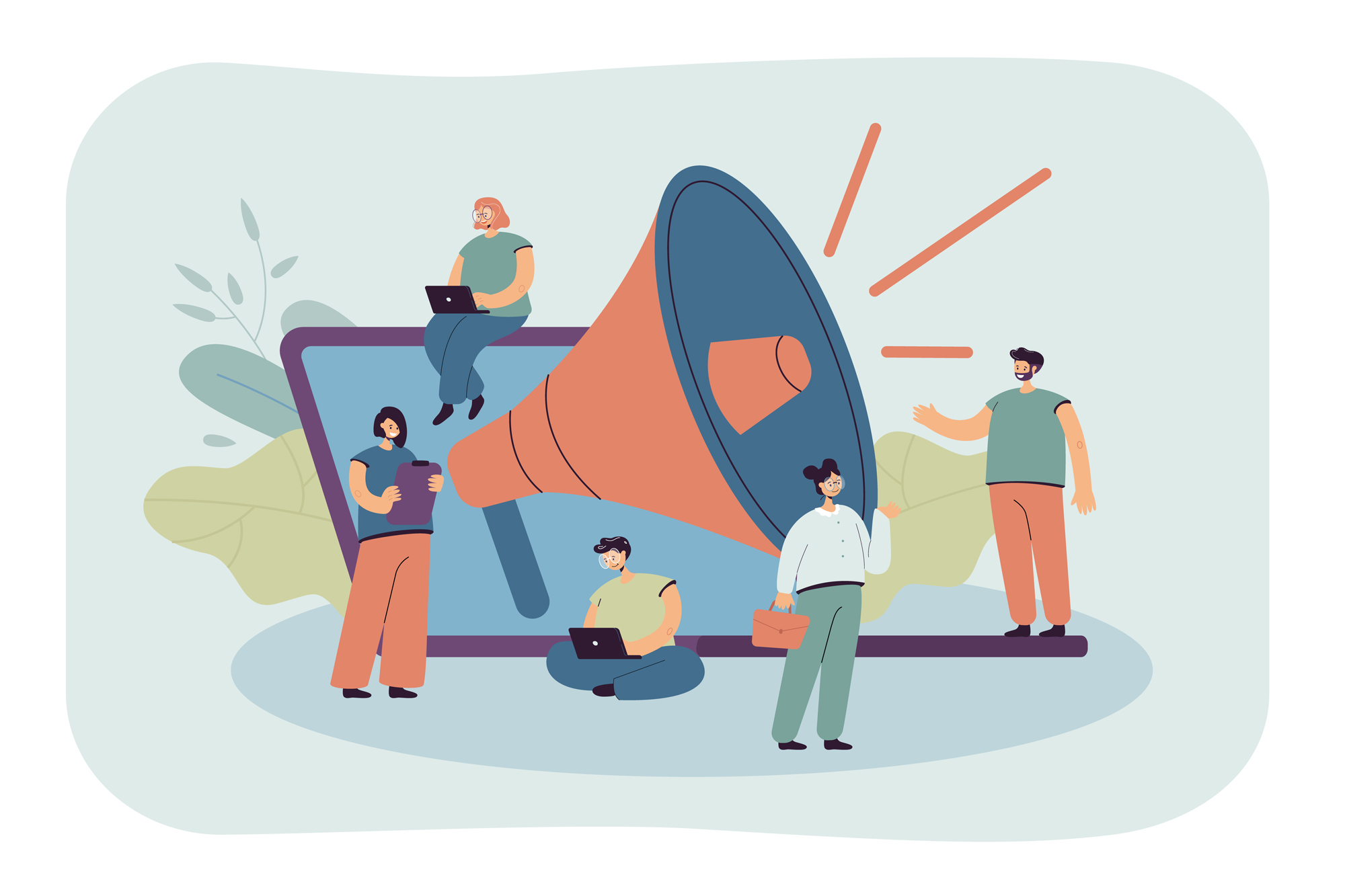Cartoon tiny managers with giant loudspeaker and laptop